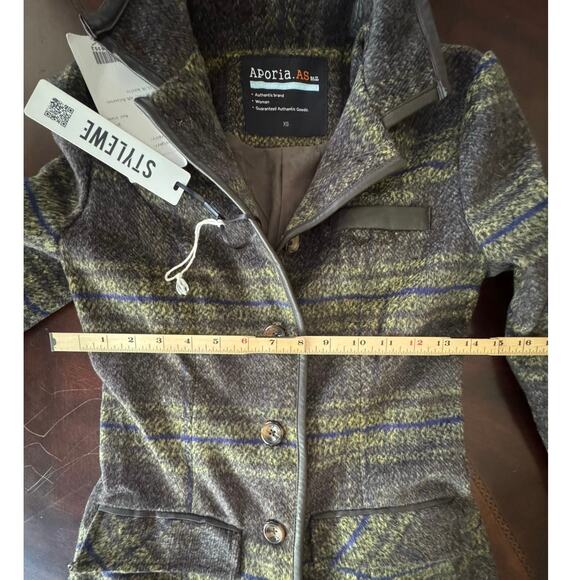 NEW Aporia.AS Wool Blend Plaid Brown Green Long Winter Coat XS leather trim - Picture 6 of 9